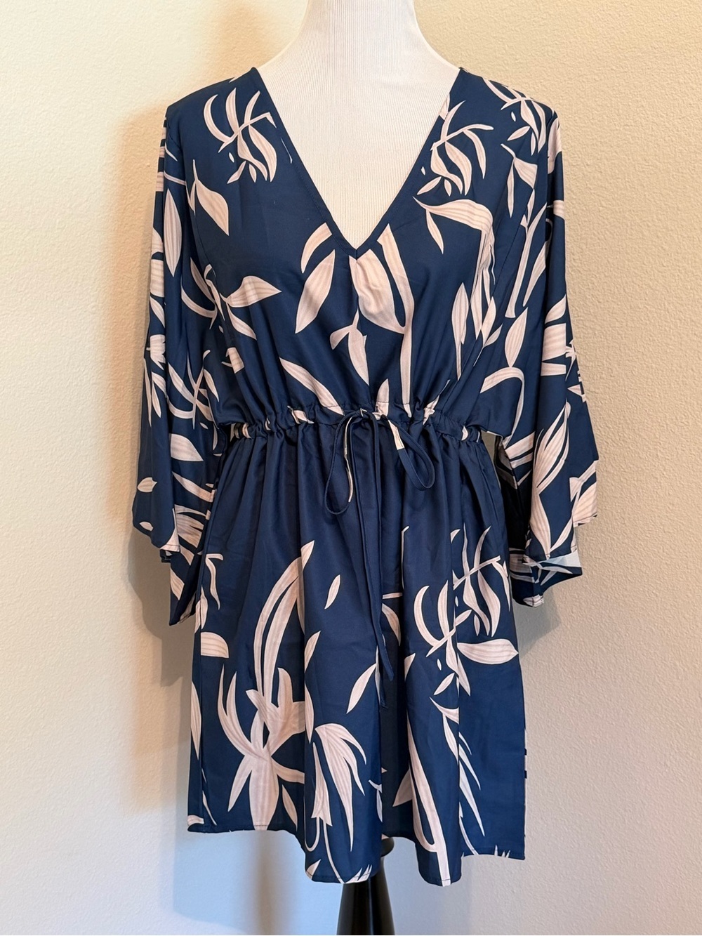 Navy Floral V-Neck Drawstring Waist Dress